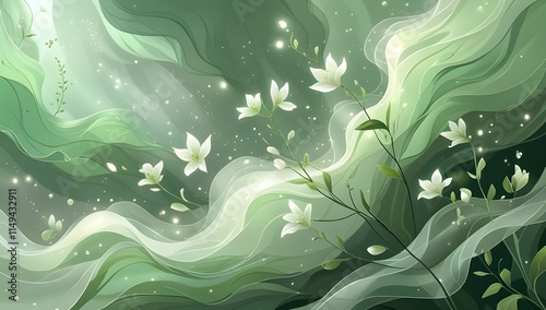 Ethereal floral illustration with sage green mist and delicate white petals