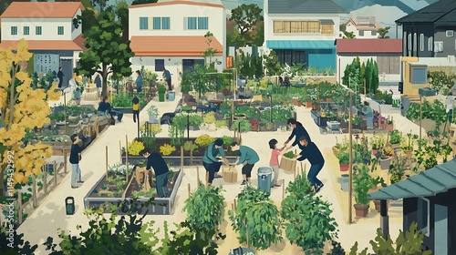 A bustling scene of a community garden with individuals working on different tasks