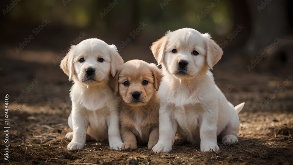 Three Golden Retriever Puppies Playing in Autumn Woods Three Golden Retriever Puppies Playing in Autumn Woods