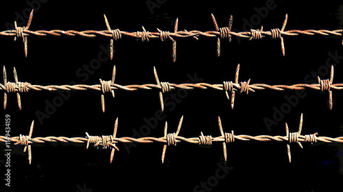 Rusty barbed wire against black background depicting danger and isolation