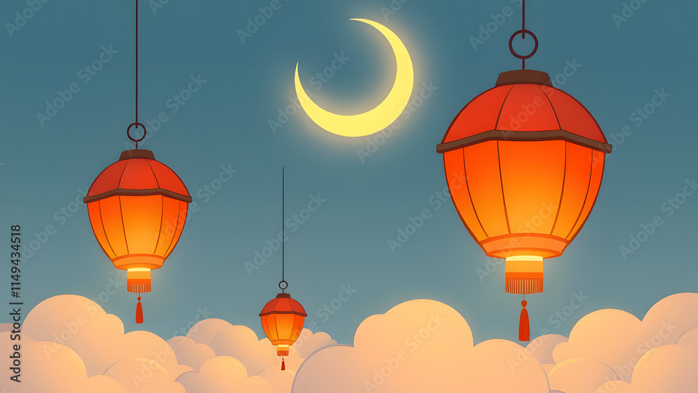 Obraz premium Lantern Night: A serene night sky with a crescent moon, adorned with glowing lanterns, evokes tranquility and celebration. The soft light illuminates the clouds, suggesting a peaceful atmosphere. 