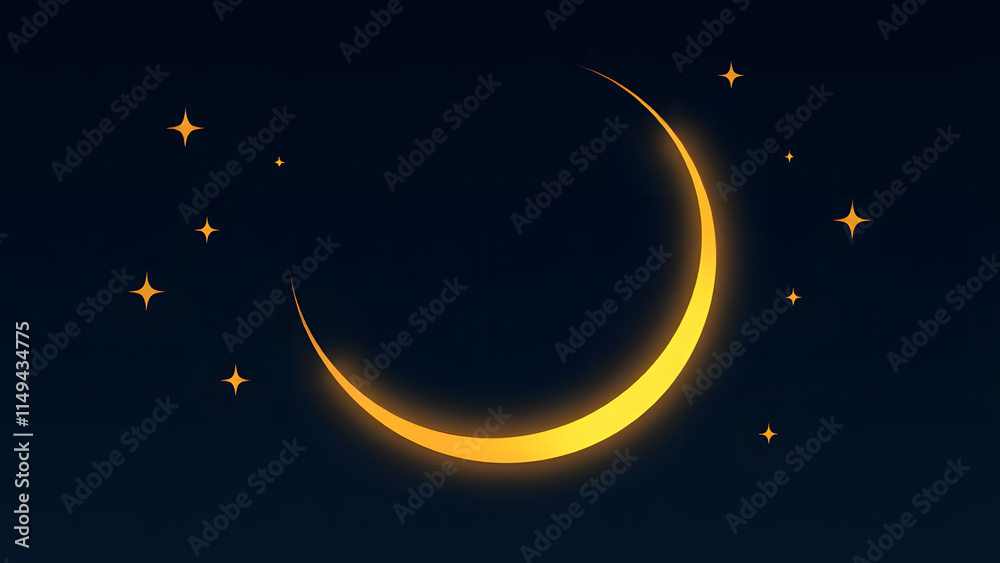 Naklejka premium Crescent Moon Night Sky: A glowing crescent moon graces the night sky, surrounded by twinkling stars. Serene and mystical, perfect for designs evoking tranquility and dreams.