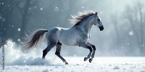 A majestic grey horse gracefully runs through a snow-covered field, its long mane and tail flowing in the wind, a breathtaking winter scene.