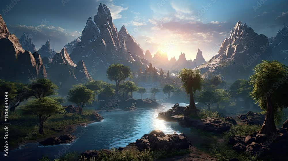 A view of nature with a small flowing river and rocky mountains in the morning. 4k animated video