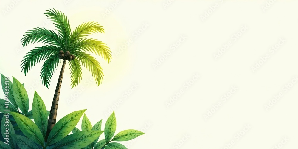 Fototapeta premium Serene Tropical Palm Tree and Lush Foliage Illustration Perfect for Summer Designs or Vacation Themed Projects