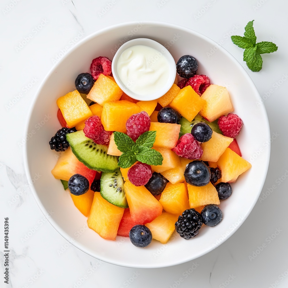 A bowl of fresh, vibrant fruit salad with melons, berries A bowl of fresh, vibrant fruit salad with melons, berries