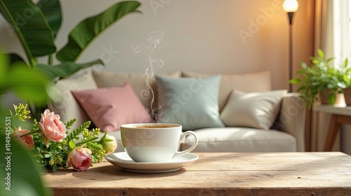 Wallpaper Mural Aromatic Coffee Steam Rising Above a Cozy Living Room Setting with Delicate Pink Roses Torontodigital.ca