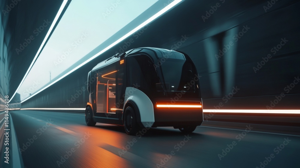 Obraz premium Futuristic autonomous electric shuttle driving through illuminated tunnel