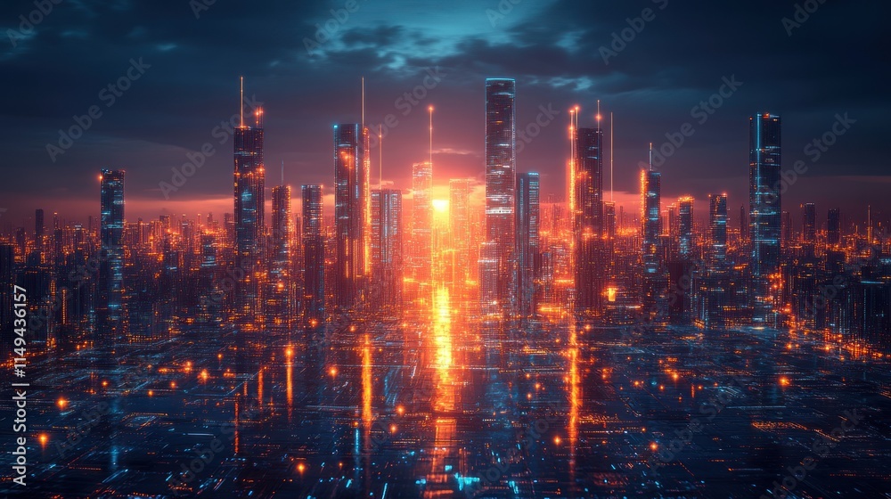 Fototapeta premium Futuristic cityscape at sunset, glowing circuits.