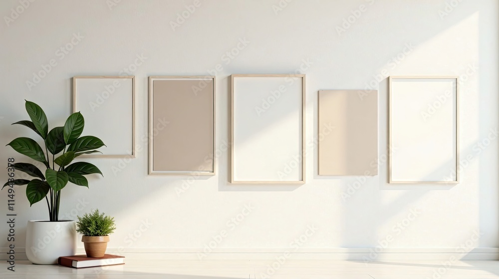 Minimalist interior design featuring blank frames and potted plants on light floor Minimalist interior design featuring blank frames and potted plants on light floor