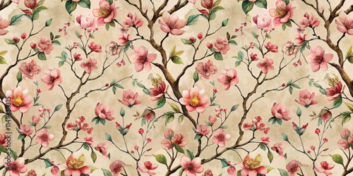 A beautifully illustrated floral pattern featuring pink blossoms and delicate branches.
