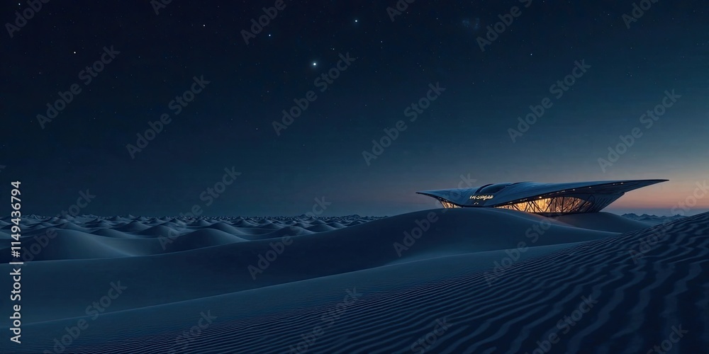 Fototapeta premium Nocturnal Desert Haven A Futuristic Structure Illuminated Under a Starry Sky