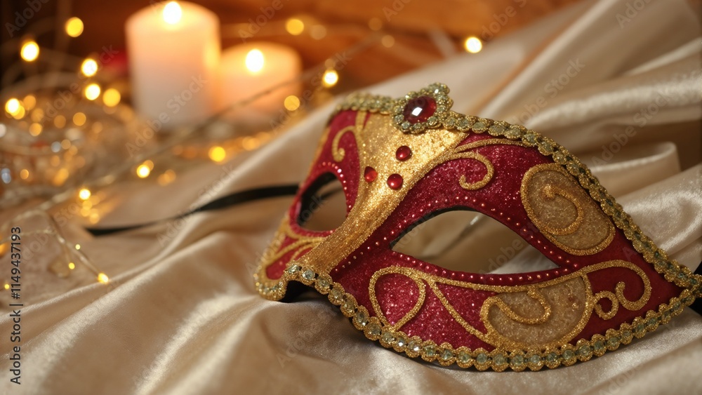 Fototapeta premium Glittering red and gold masquerade mask on luxurious fabric with candlelight ambiance