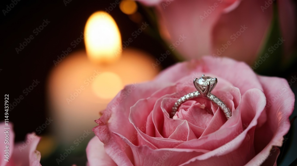 Obraz premium Diamond Engagement Ring Rests Inside Pink Rose