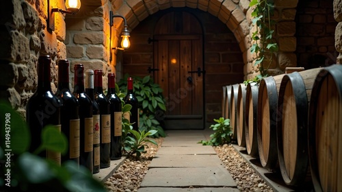 Aged Wine Bottles and Wooden Barrels in a Cellar with Stone Pathway
