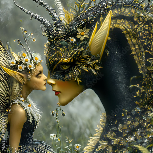 The image captures a mythical scene where a majestic black and silver-coated beast, adorned with golden horns, stands proudly beside an enchanting lady. She resides in a lush forest, surrounded by fer photo