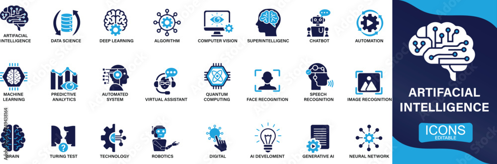 Fototapeta premium Artificial intelligence icon set. machine learning, data science, AI, virtual assistant, generative AI, technology, You can easily change the color.