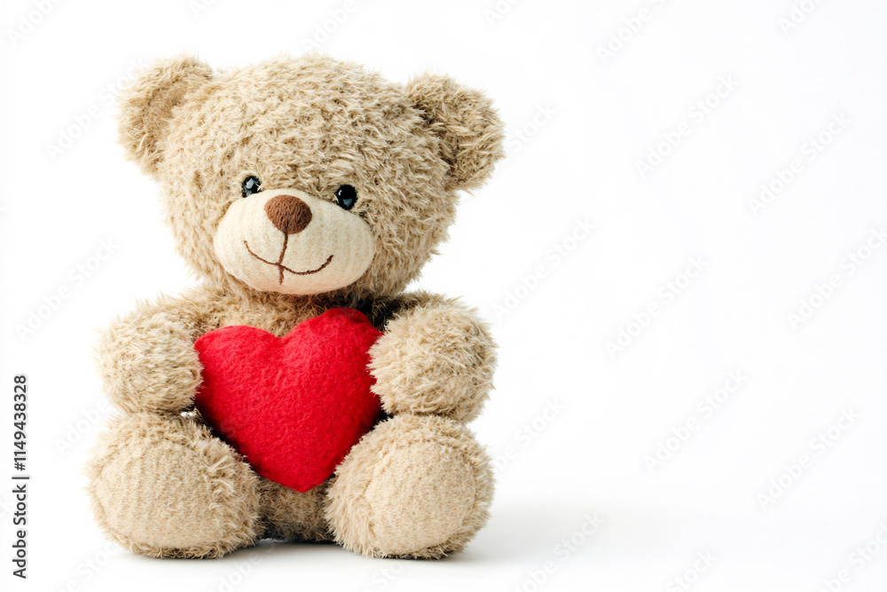 Teddy bear holding a red heart sitting on a plain white background. Simple and romantic Valentine's Day concept. Design for greeting card, postcard, or banner