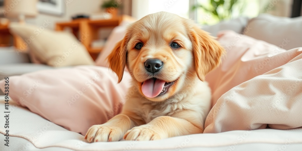 Obraz premium A small golden retriever puppy enjoys a moment of relaxation on fluffy pillows in a bright, inviting living space filled with warmth and comfort