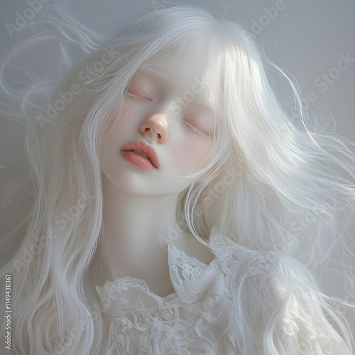 Teenage girl with white long hair and fair porcelain skin, the girl dreaming with her eyes closed
