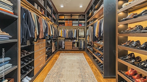 luxurious walk-in closet with custom shelving, shoe racks, and soft overhead lighting photo