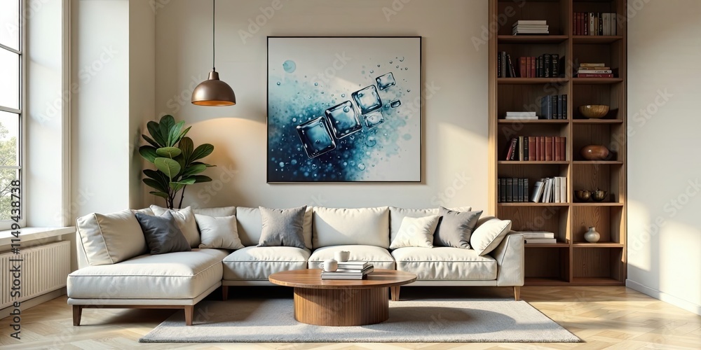Obraz premium Serene Living Room Interior Design with Modern Sectional Sofa and Abstract Artwork