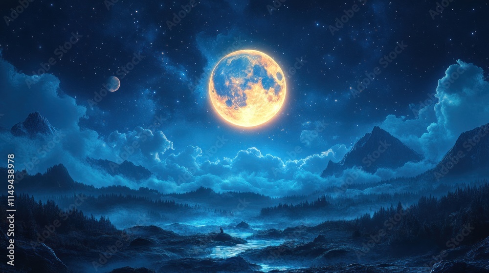 Fototapeta premium Night sky, mountains, forest, large moon, serene.