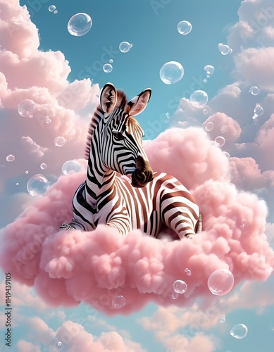 A zebra lounges on a fluffy pink cloud, surrounded by floating bubbles in a whimsical sky. The scene is playful and surreal, evoking a sense of childlike wonder and imagination.