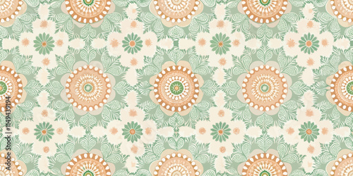 Elegant floral pattern featuring soft green and peach tones with intricate designs, perfect for a fresh and vintage aesthetic.