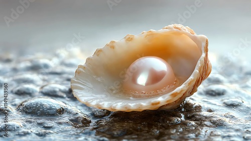 A pearl with a soft, creamy sheen inside a pinkish shell, lying on a wet rocky surface covered in tiny barnacles. photo