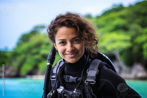 Smiling young woman with scuba diving gear looking at the camera photo