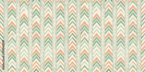 Stylish zigzag pattern in soft mint green and coral pink hues, perfect for modern fabrics or interior decor.