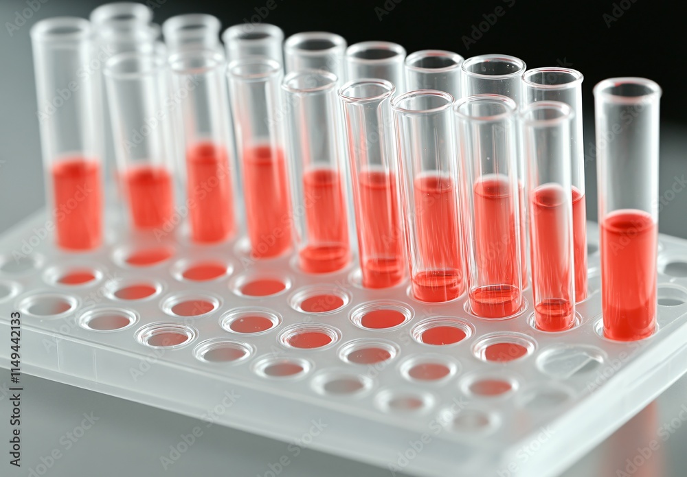 Microscopic Red Liquid Samples in Test Tubes Rack Microscopic Red Liquid Samples in Test Tubes Rack