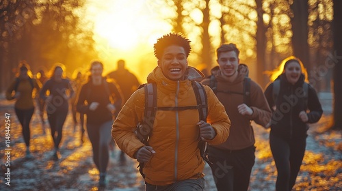 Wallpaper Mural Morning Run: Diverse Friends Enjoying Sunrise Jog in Park with Camaraderie and Fitness Goals Torontodigital.ca