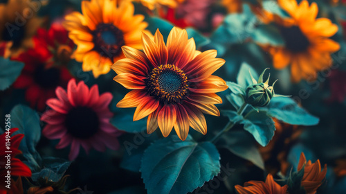 Vivid sunflowers in bloom: a burst of colorful petals and green leaves in nature