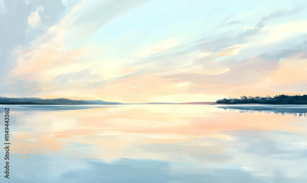 Obraz premium Serene landscape at sunset with soft colors reflecting on calm water.