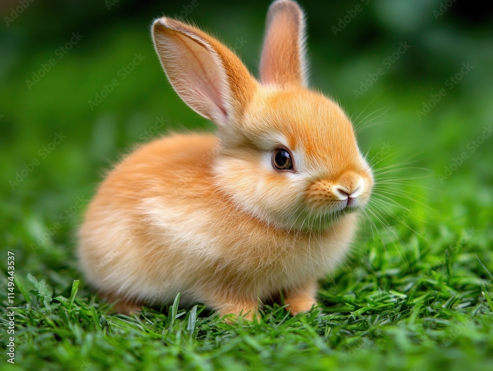 A fluffy, orange rabbit sitting on green grass, showcasing its adorable features. A fluffy, orange rabbit sitting on green grass, showcasing its adorable features.