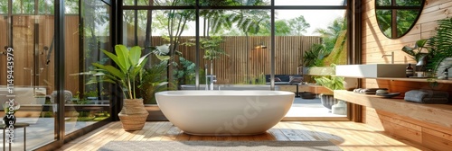 modern bathroom with white bathtub, freestanding sink and wooden floor in the middle of an open living room on second story