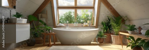 modern bathroom with white bathtub, sink and wooden floor in the corner of an attic room overlooking garden through large window on high ceiling, plants outside the window, modern design