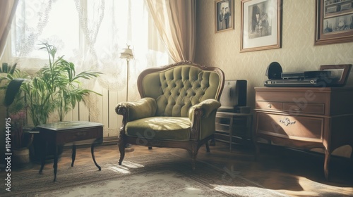 Warm Nostalgia in a 1920s Vintage Home Interior with Retro Furniture and Record Player
