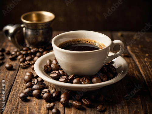  Espresso Cup with Coffee Beans and Wooden Background