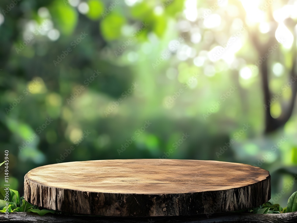 Wooden Round Table Surrounded by Leaves with Blurred Green Nature Background Wooden Round Table Surrounded by Leaves with Blurred Green Nature Background