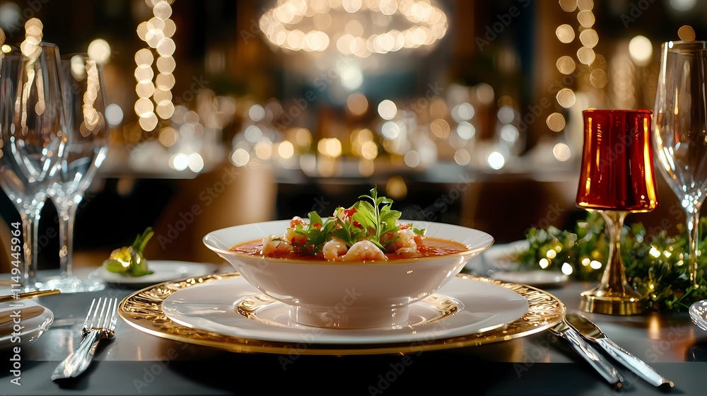 Fototapeta premium Elegant Dining Table Setting with Gourmet Pasta Dish Surrounded by Cozy Ambiance