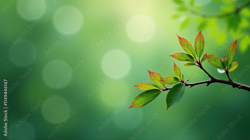 Obraz premium A Delicate Branch with Vibrant New Leaves Against a Soft Green Bokeh Background