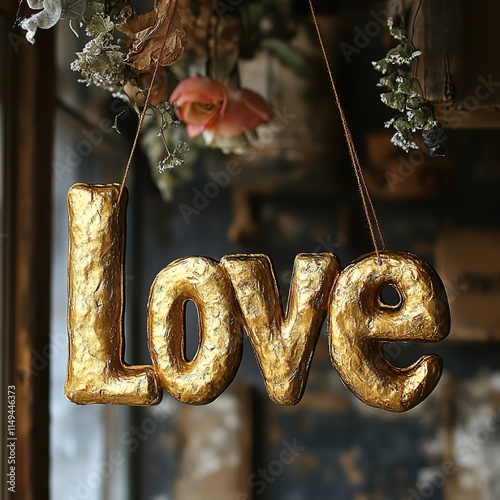 The golden letter 'love' is hung with silk thread