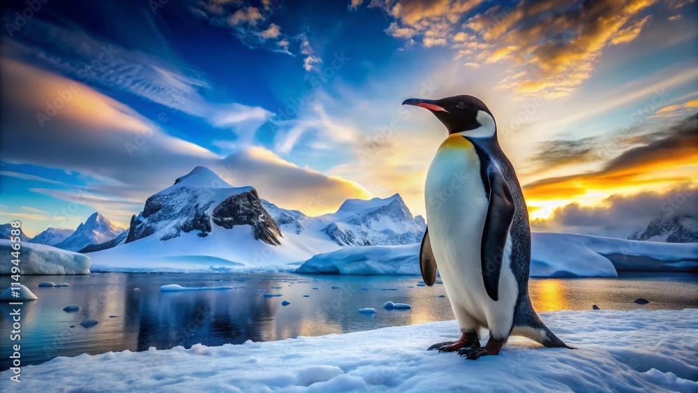 Fototapeta premium Panoramic Beauty: Majestic Penguin in Antarctic Ice Landscape