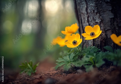 Vibrant Yellow Flowers Blooming in Forest Nature Scene photo