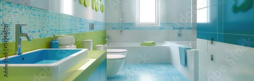 Modern children's bathroom with blue and green tiles, white walls, sink, toilet bowl, bathtub and wallhanging accessories.