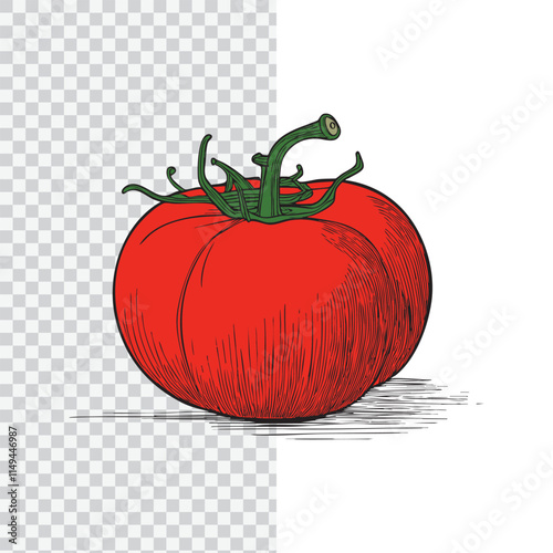 A detailed hand-drawn illustration of a ripe red tomato with green stems in a classic vintage engraving style