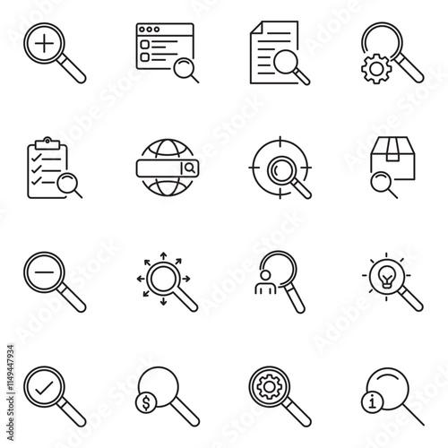 Search set of web icons in line style. Magnifying glass linear icon collection. Containing SEO, Digital marketing, data analysis, management, investigate, find and more